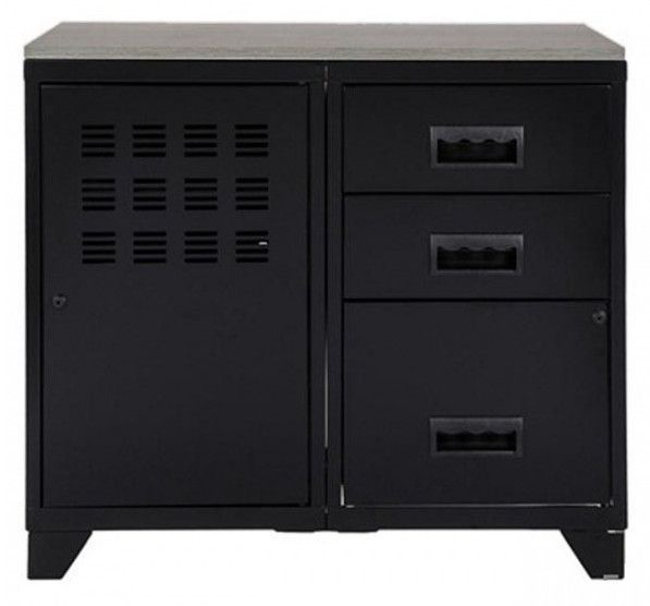 Meuble 1 porte 3 tiroirs métal noir et plateau chêne naturel Naya L 80 x H 75 x P 40 cm - 25 kg - Photo n°1