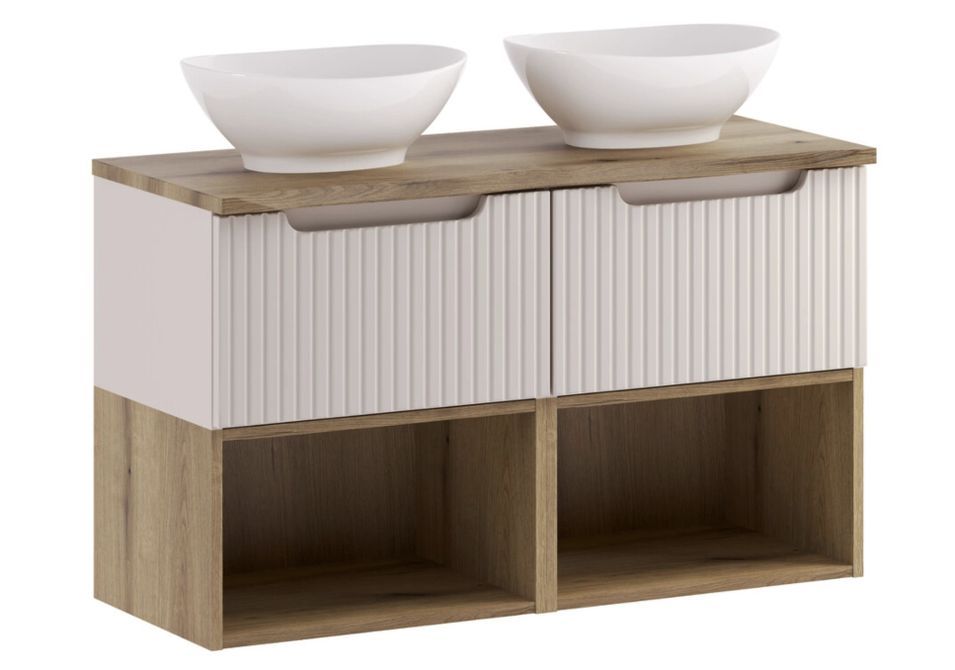 Meuble salle de bain double vasque suspendu NOVA Taupe 100 cm avec plan de travail effet chêne et vasques LOLA - Photo n°1