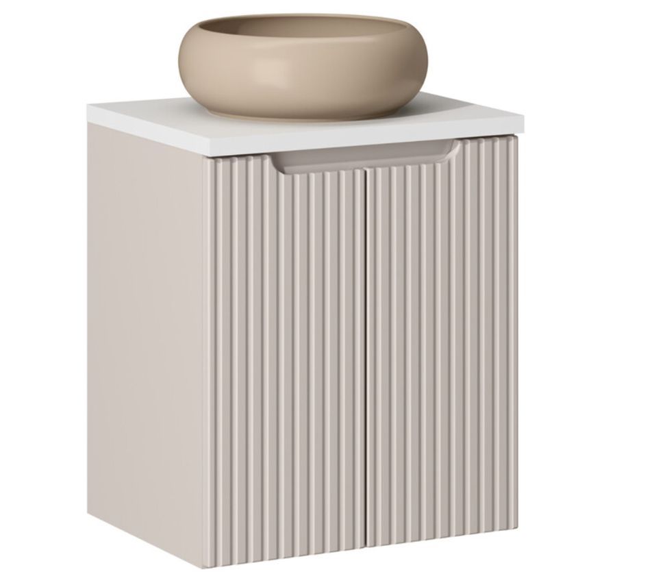 Meuble salle de bain suspendu 2 portes NOVA taupe – Vasque ronde cappuccino avec plan - Photo n°1