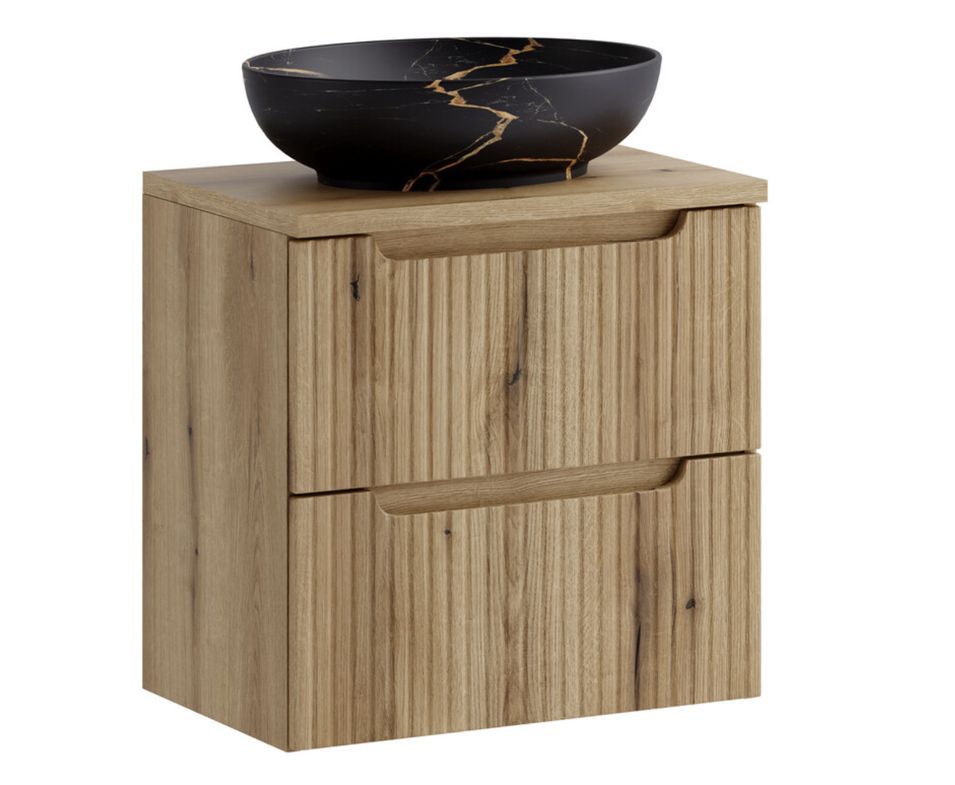 Meuble salle de bain suspendu 2 tiroirs NOVA Chêne naturel 60 cm avec vasque noir doré MONA - Photo n°1