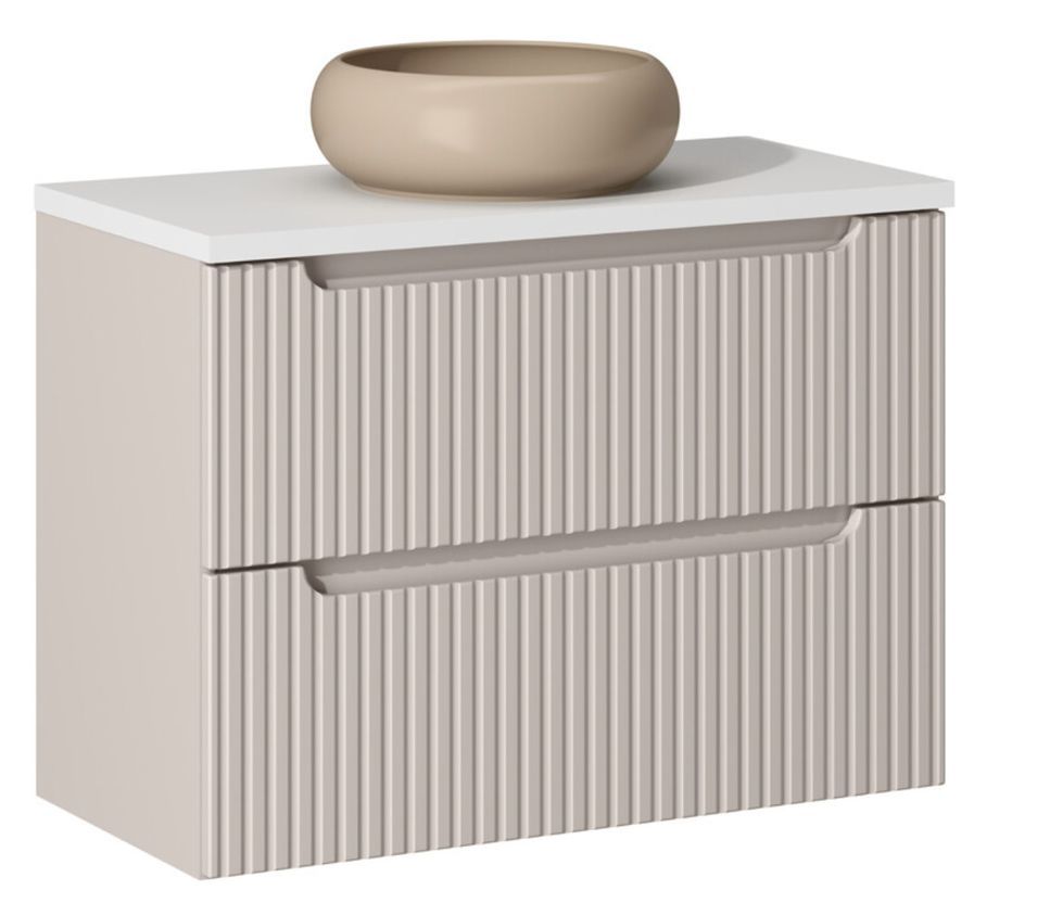 Meuble salle de bain suspendu 2 tiroirs NOVA taupe – Vasque ronde cappuccino avec plan - Photo n°1