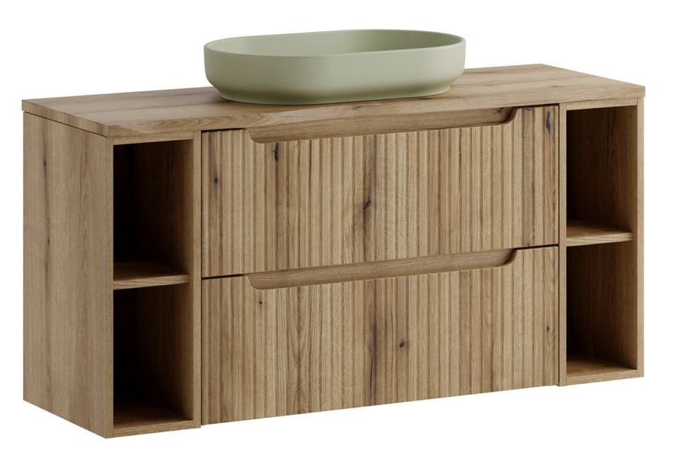 Meuble salle de bain suspendu naturel NOVA 120 cm – Vasque ovale vert olive, 2 tiroirs et étagères - Photo n°1
