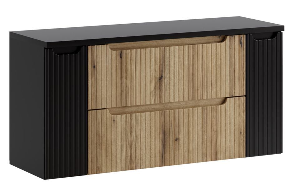 Meuble salle de bain suspendu noir et naturel NOVA 120 cm – 2 tiroirs et 2 étagères - Photo n°1