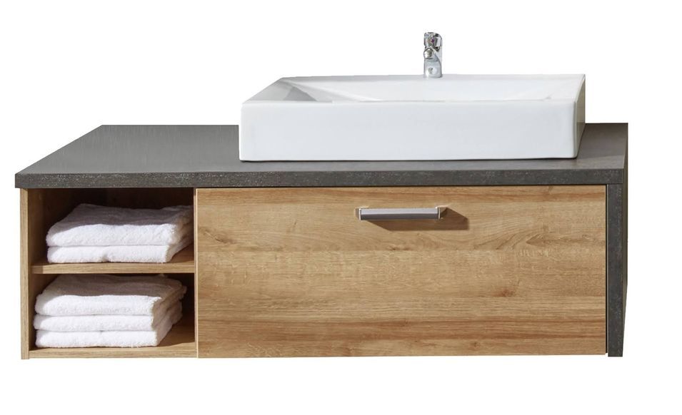 Meuble suspendu avec vasque 1 tiroir gris béton et chêne Riviera miel Babel 123 cm - Photo n°1