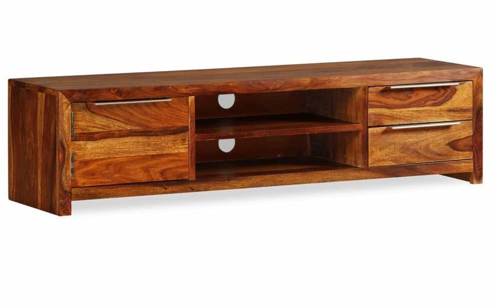 Meuble TV 1 porte 2 niche 2 tiroirs bois massif sesham Tropika 120 cm - Photo n°1