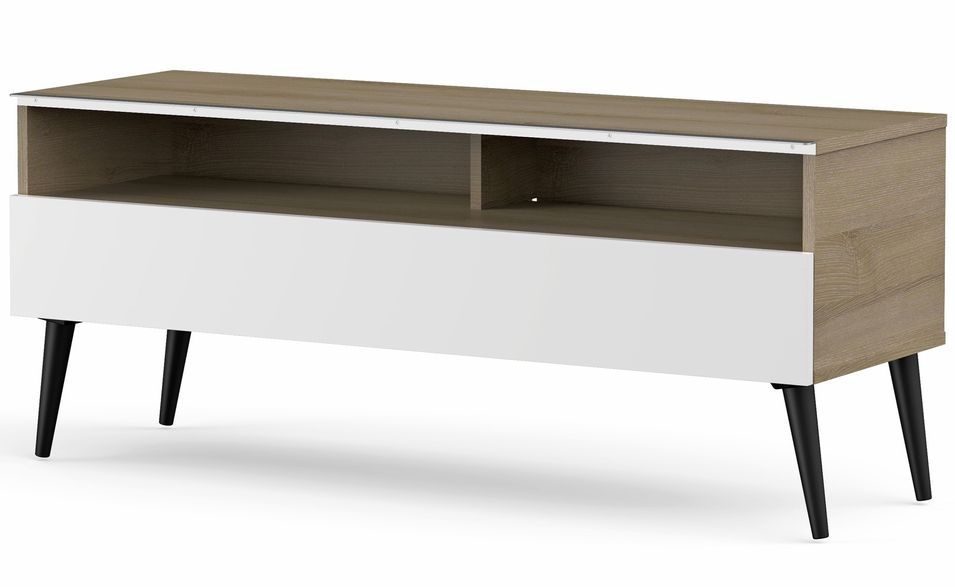 Meuble TV 1 porte 2 niches bois clair et blanc Solna 120 cm - Photo n°1