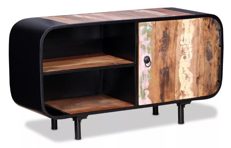 Meuble TV 1 porte 2 niches bois massif recyclé et métal noir Bousty - Photo n°1