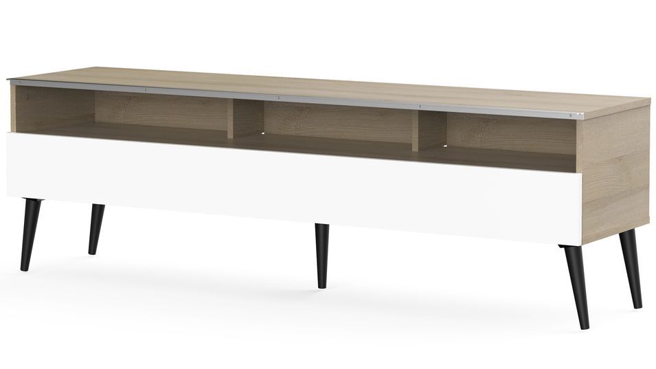 Meuble TV 1 porte 3 niches bois clair et blanc Solna 160 cm - Photo n°1