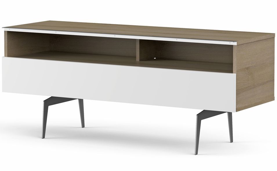 Meuble TV 2 niches 1 porte bois clair et blanc pieds métal Fremantle 120 cm - Photo n°1