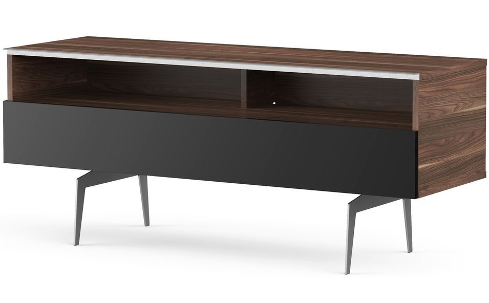 Meuble TV 2 niches 1 porte bois foncé et noir pieds métal Esperance 120 cm - Photo n°1