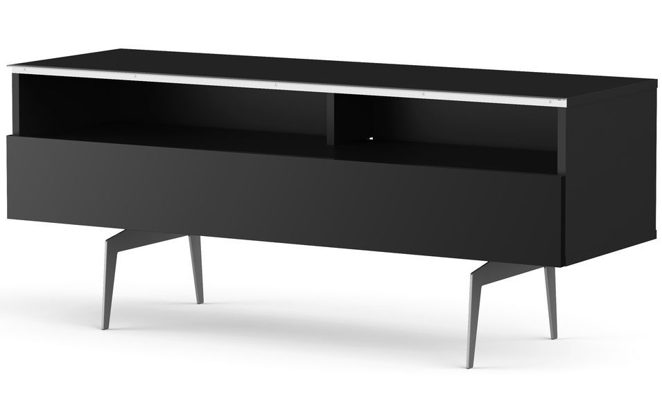 Meuble TV 2 niches 1 porte mélaminé noir et pieds métal gris Perth 120 cm - Photo n°1