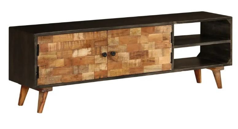 Meuble TV 2 niches 2 portes manguier massif clair et foncé Induka - Photo n°1