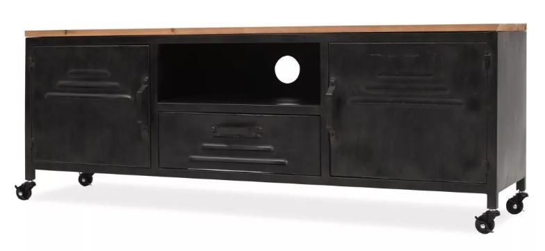 Meuble TV 2 portes 1 niche 1 tiroir pin massif clair et métal noir Kako - Photo n°1