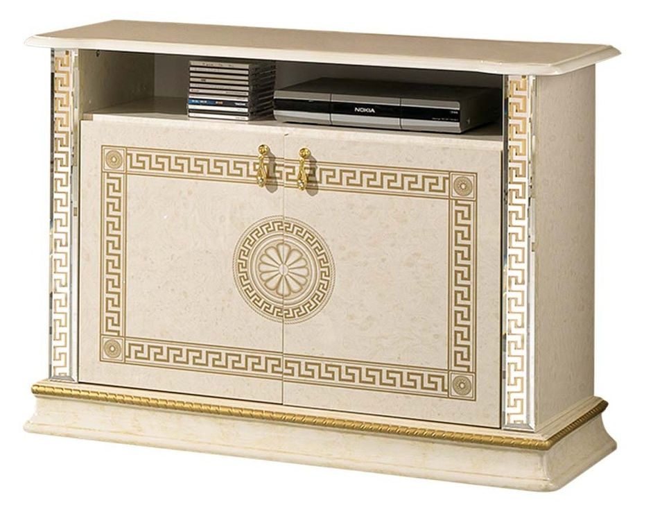 Meuble TV 2 portes 1 niche bois vernis laqué brillant beige et doré Venus 100 cm - Photo n°1