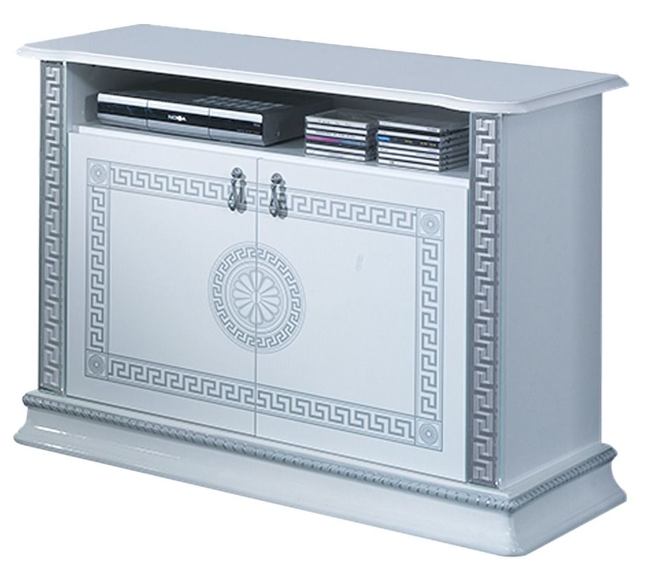 Meuble TV 2 portes 1 niche bois vernis laqué brillant blanc et gris Venus 100 cm - Photo n°1