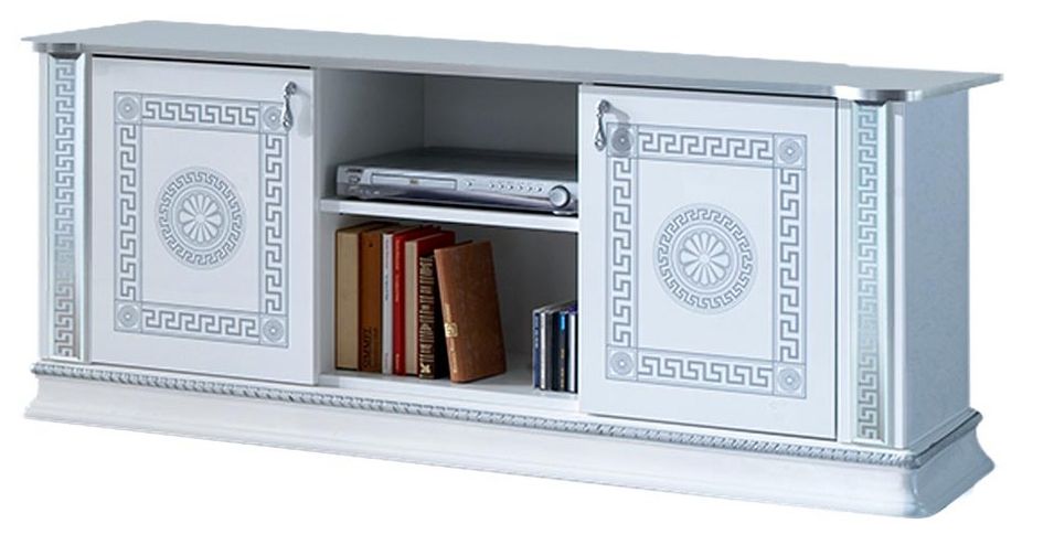 Meuble TV 2 portes 1 niche bois vernis laqué brillant blanc et gris Venus 154 - Photo n°1