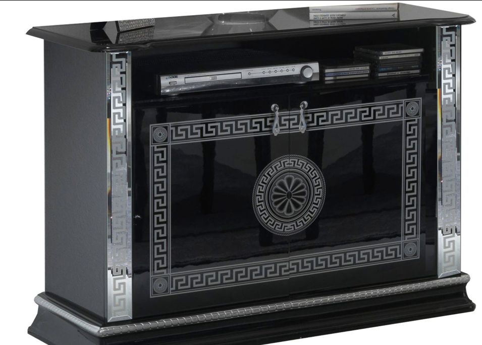 Meuble TV 2 portes 1 niche bois vernis laqué brillant noir et gris Venus 100 cm - Photo n°1