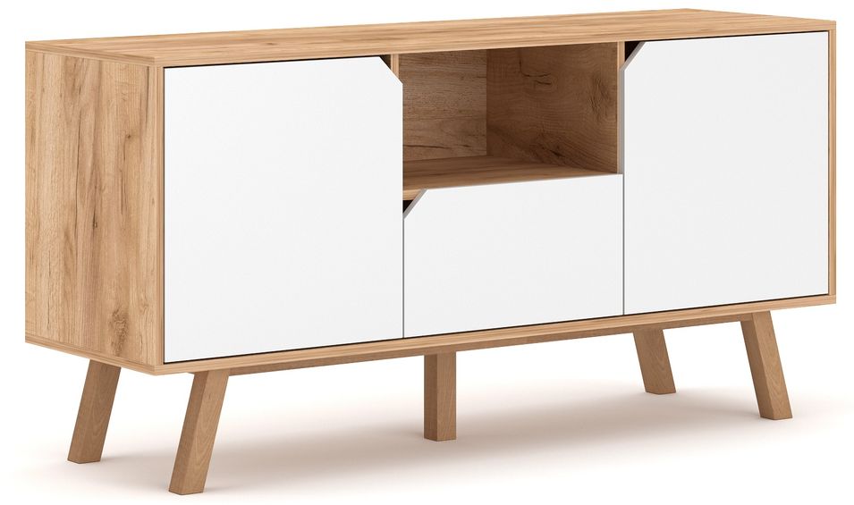 Meuble TV 2 portes 1 tiroir blanc et naturel Zatoka 140 cm - Photo n°1