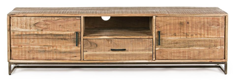 Meuble TV 2 portes 1 tiroir bois d'acacia clair et acier vieilli Kadone 175 cm - Photo n°1