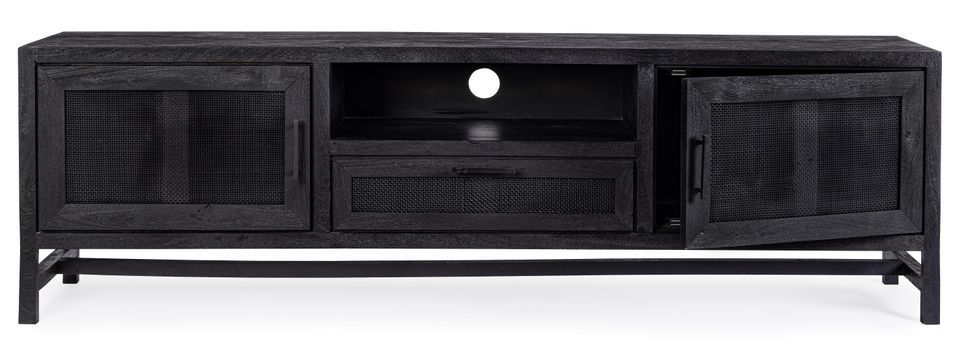 Meuble TV 2 portes 1 tiroir en bois massif noir de manguier et rotin noir Waky 180 cm - Photo n°1