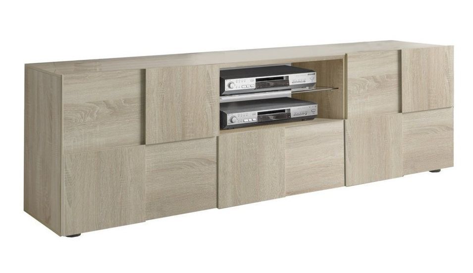 Meuble TV 2 portes 1 tiroir mélaminé chêne clair Namob L 180 cm - Photo n°1