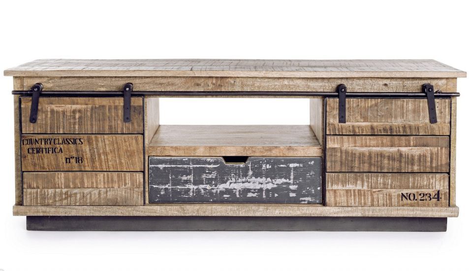 Meuble TV 2 portes 1 tiroir VINTA – bois massif de manguier – 150 x 38 cm - Photo n°1