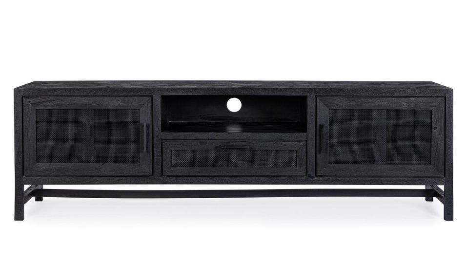 Meuble TV 2 portes 1 tiroir WAKY 180 cm - Bois massif et rotin noir - Photo n°1
