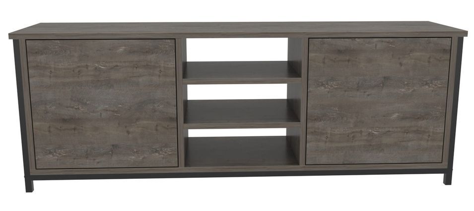 Meuble TV 2 portes 2 étagères acier noir et bois marron gris foncé Klazika 140 cm - Photo n°1