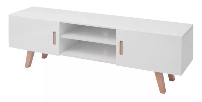 Meuble TV 2 portes 2 niches blanc et pieds hêtre massif Claireau - Photo n°1