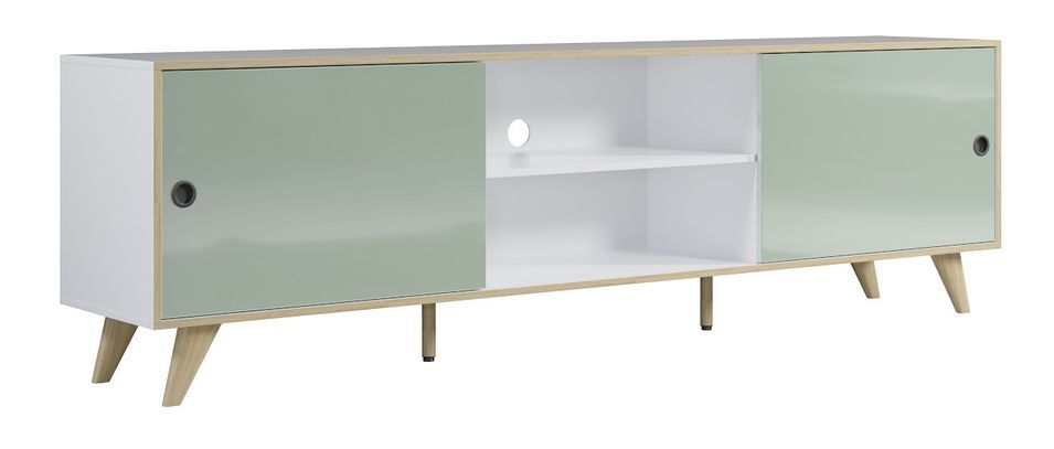 Meuble TV 2 portes 2 niches bois blanc, vert et naturel Mélanie - Photo n°1