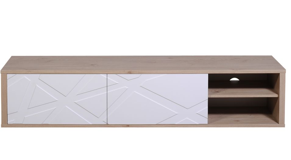 Meuble TV 2 portes 2 niches bois clair et blanc brillant Grapt - Photo n°1