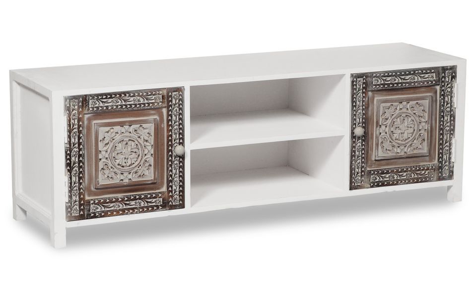 Meuble TV 2 portes 2 niches bois massif clair et blanc Douny - Photo n°1