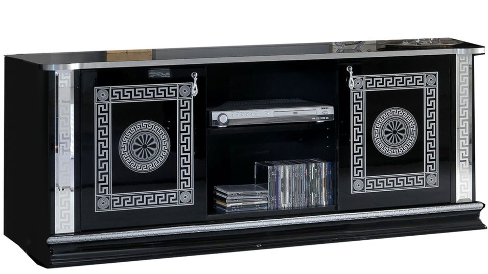 Meuble TV 2 portes 2 niches bois vernis laqué brillant noir et gris Venus 154 cm - Photo n°1