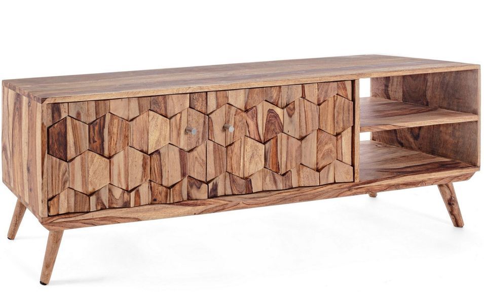 Meuble TV 2 portes 2 niches KANT – bois massif de sheesham – 145 x 35 cm - Photo n°1