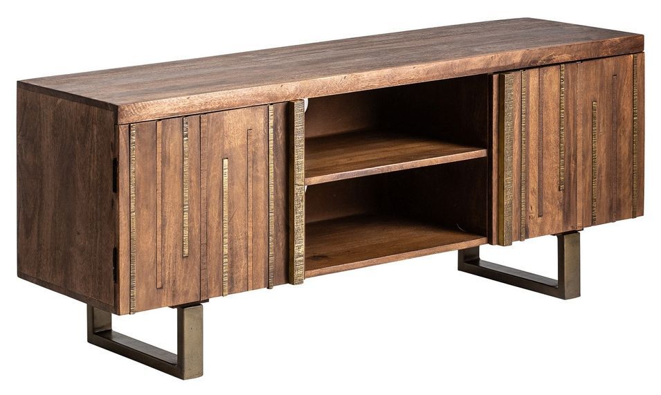 Meuble TV 2 portes 2 niches manguier massif foncé et doré Manda - Photo n°1