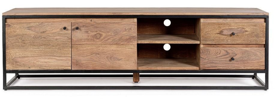 Meuble TV 2 portes 2 tiroirs bois clair de Sheesham et acier noir Klazik 175 cm - Photo n°1
