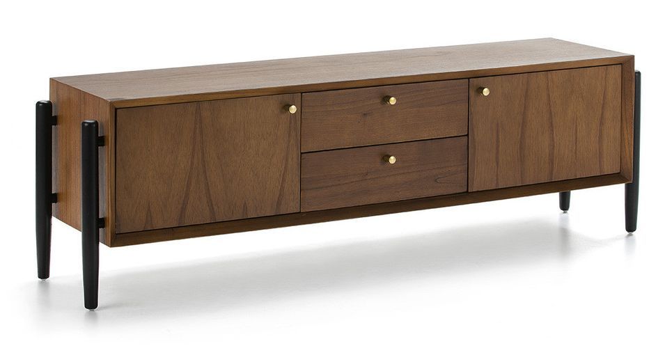 Meuble TV 2 portes 2 tiroirs bois massif foncé et noir Vazen 160 cm - Photo n°1