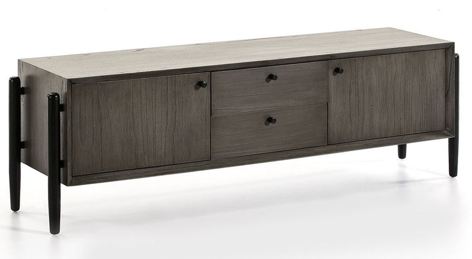 Meuble TV 2 portes 2 tiroirs bois massif gris et noir Vazen 160 cm - Photo n°1