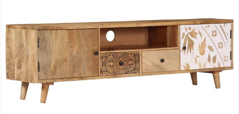 Meuble TV 2 portes 2 tiroirs manguier massif clair Walker - Photo n°1