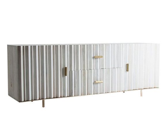 Meuble TV 2 portes 2 tiroirs manguier massif crème et doré Allya - Photo n°1