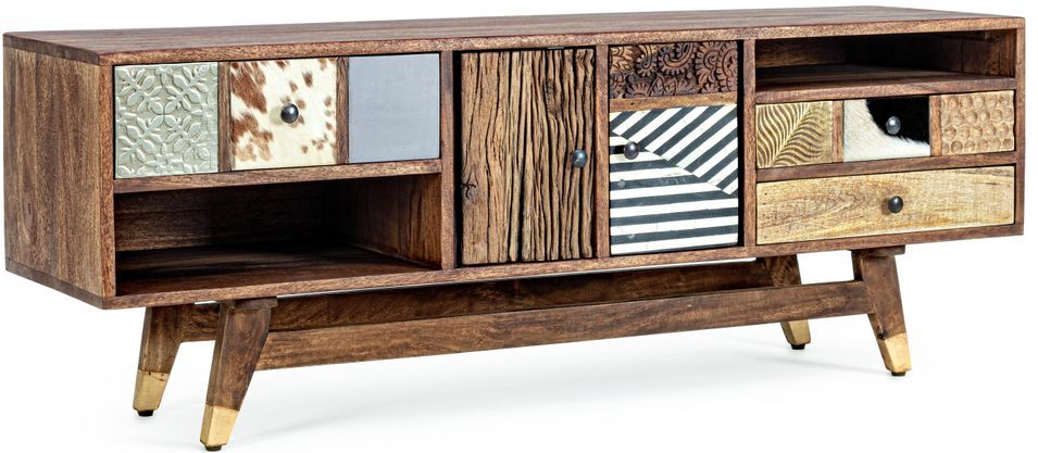 Meuble TV 2 portes 3 tiroirs 2 niches multi matières colorées Doki 140 cm - Photo n°1