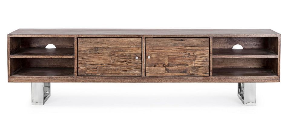 Meuble TV 2 portes 4 niches en bois massif recyclé sur pieds acier chromé SAVY 175 cm - Photo n°1