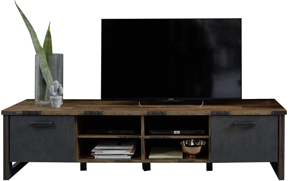 Meuble TV 2 portes 4 niches vintage vieux bois usé et gris avec rivets - Photo n°1