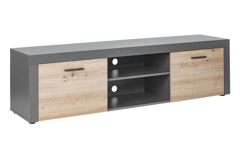 Meuble TV 2 portes 6 niches bois chêne artisan et du gris anthracite Mione 180 cm - Photo n°1