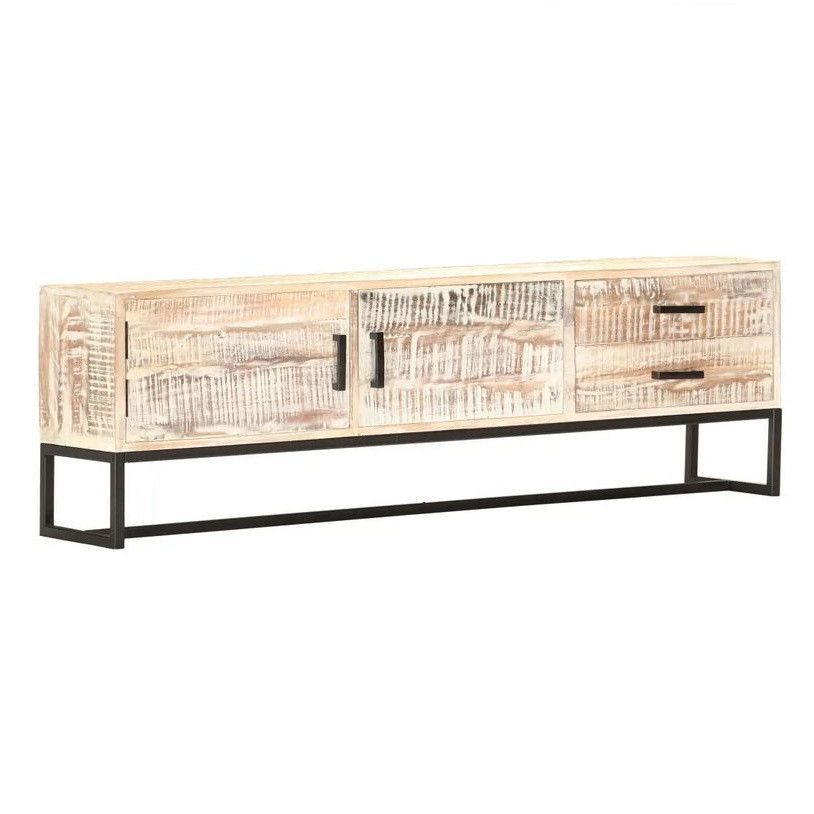 Meuble TV 2 portes acacia massif blanc Dinne 140 cm - Photo n°1