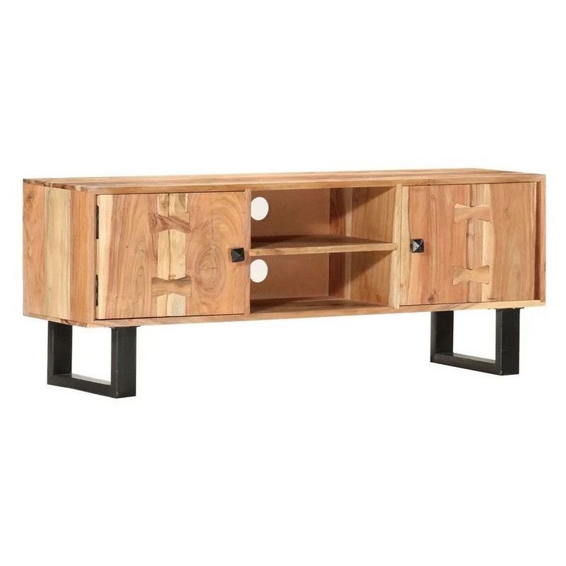 Meuble TV 2 portes acacia massif clair et métal Matsi 118 cm - Photo n°1