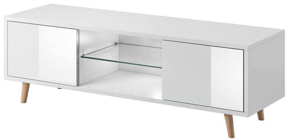 Meuble TV 2 portes blanc mat et blanc laqué Kuzani 140 cm - Photo n°1