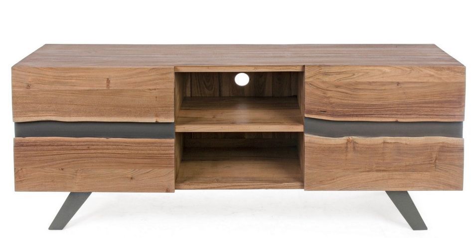 Meuble TV 2 portes bois d'acacia et pieds acier gris Denia 160 cm - Photo n°1