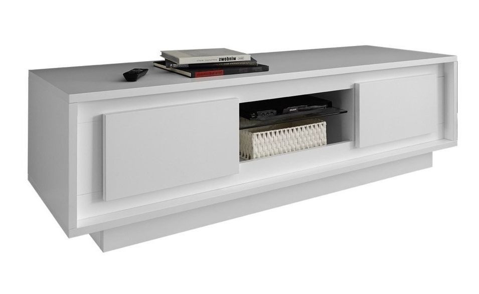 Meuble TV 2 portes bois laqué blanc brillant Mafer L 156 cm - Photo n°1