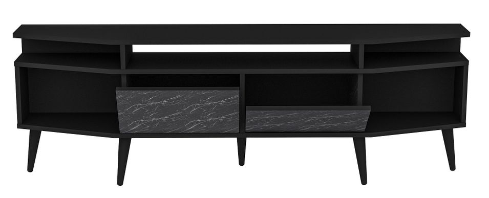 Meuble TV 2 portes bois noir et gris effet marbre Kusta 180 cm - Photo n°1